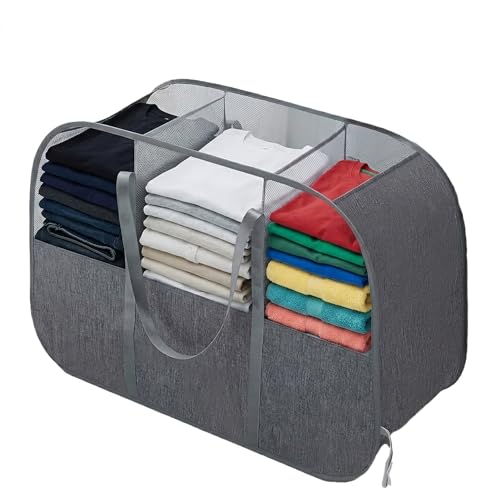 150L Collapsible Laundry Basket, 3-Compartment Hamper, Grey