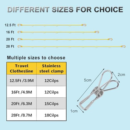 Portable Travel Clothesline, Windproof Clothes Laundry Line with Clothespins & Hang Holes, Indoor & Outdoor Clothes Drying Rope for Hotel, Backyard,Cruise Ships, Camping (Yellow, 20 Ft) - size: 20 Ft