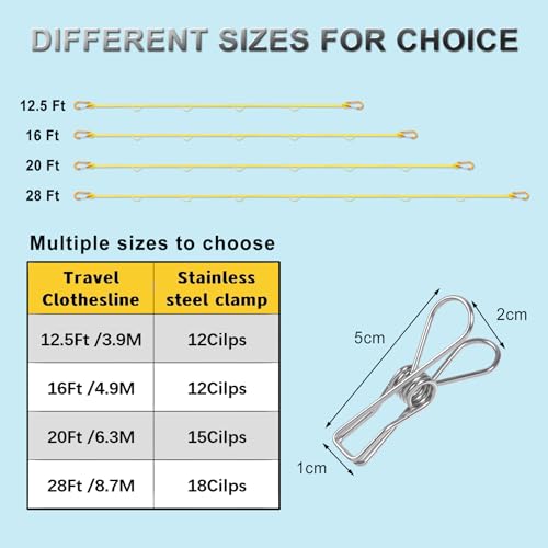 Portable Travel Clothesline, Windproof Clothes Laundry Line with Clothespins & Hang Holes, Indoor & Outdoor Clothes Drying Rope for Hotel, Backyard,Cruise Ships, Camping (Yellow, 16 Ft) - size: 16 Ft