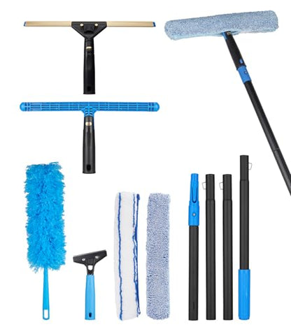Swivel Squeegee Kit with 4 Extension Poles,Glass Scraper, Bendable Duster, 2 Window Scrubber Cloth for Glass, Car, Floor, Home,Garden - color: Black