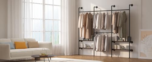 HOMEKAYT Industrial Pipe Clothes Rack, Wall Mounted Clothing Rack with Shelves, Heavy Duty Multi-Purpose Storage Clothes Hanging Shelf - 94.5''L Black - color: black, size: 94.5''L-C