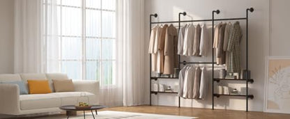 HOMEKAYT Industrial Pipe Clothes Rack, Wall Mounted Clothing Rack with Shelves, Heavy Duty Multi-Purpose Storage Clothes Hanging Shelf - 94.5''L Black - color: black, size: 94.5''L-C