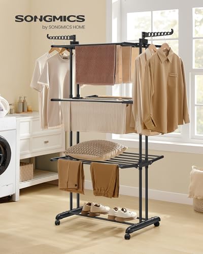 SONGMICS 4-Tier Clothes Drying Rack, Foldable, Rolling, 66.6-Inch Tall - color: Black, style: 4-Tier