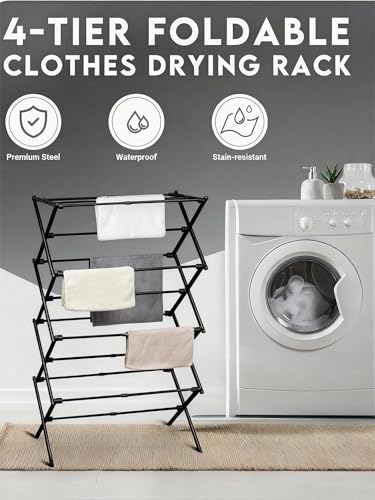 ZOES HOMEWARE 4-Tier Clothes Drying Rack, 4ft High Foldable Drying Rack Clothing for Indoor & Outdoor, Portable Collapsible Laundry Dryer for Laundry Room and Apartment, Black 29" L x 49" H x 11.5" W - color: Black