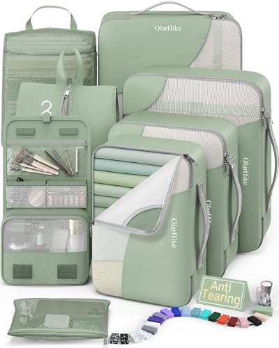 OlarHike Packing Cubes for Travel,Gifts for Women Mom,Anti-Tearing Suitcase Organizer for Luggage with Shoe & Hanging Toiletry Bag,Vacation Essentials & Accessories for Cruise Ship,8 Set,Matcha Green - color: 08 Matcha Green