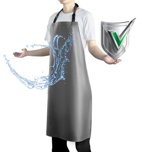 Waterproof Apron with Comfortable Adjustable Bib Rubber Vinyl Dishwasher Heavy Duty Apron for Men Women Dishwashing - color: Grey