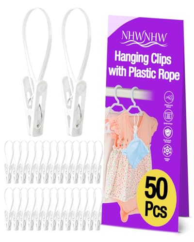 50Pcs Multi Purpose Laundry Hanging Clips with Rope, White - Strong Grip Hanging Clips for Baby Hangers, Pants, Socks, Towels & Closet Organization, Multi-Purpose Laundry Drying Hooks - color: 50pack White