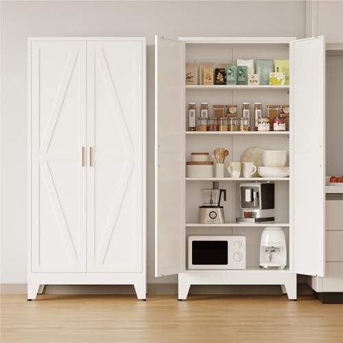 COFaR Metal Pantry Cabinet with Doors, Farmhouse 71'' Tall Storage Cabinet with 4 Adjustable Shelves, Kitchen Pantry Cabinet for Dinning Room, Laundry, Bathroom, Garage, White 5-Tier - color: White, size: 15.75''D × 31.5''W × 70.87''H-L01