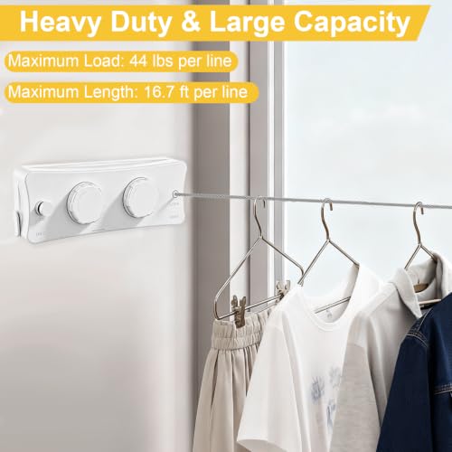 Retractable Clothesline Indoor & Outdoor, 16.7 Ft Non-Sagging Double Clothes Line, Retracting Heavy Duty Clothes Drying Laundry Line, Wall Mounted Stainless Steel Line (White, Dual Line) - color: White