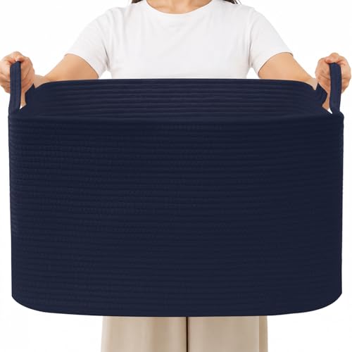 96L Woven Laundry Basket with Handles, Extra Blanket Basket,Navy - color: Navy, size: 96L