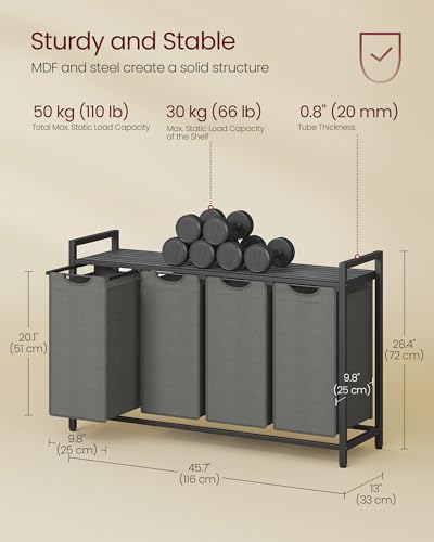 VASAGLE Laundry Hamper with Shelf, 4 Pull-Out Bags, 4 x 10.6 Gallons (40L) - color: Slate Gray + Charcoal Gray, size: 4 Bags - 160 L