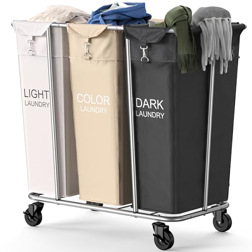 PLKOW 220L 3-Section Rolling Laundry Sorter, Multicolor - color: White+Khaki+Black-220L