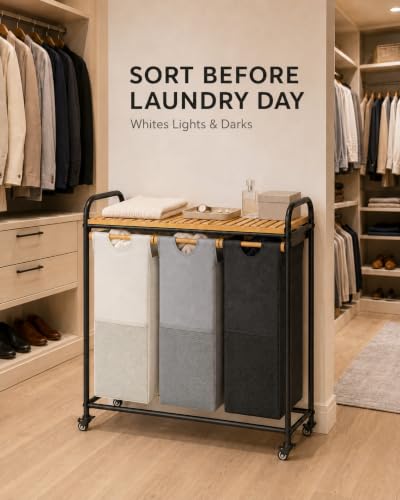 105L Laundry Hamper with Wheels, 3 Section Rolling Laundry Sorter Cart with Bamboo Shelf, Large Clothes Basket for Laundry Room and Bathroom