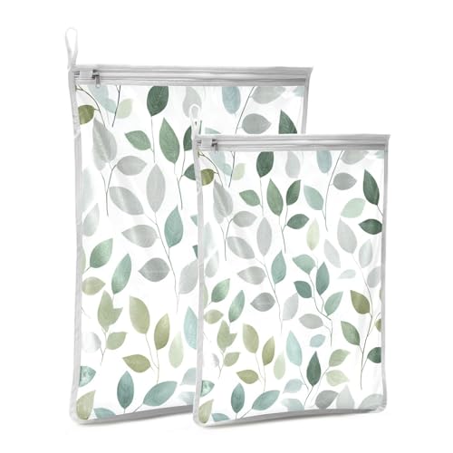 Mesh Laundry Bags Lingerie Bags for Washing Delicates 2 PCS Durable Wash Bag with Zipper Small and Medium Washable Fresh Green and Grey Leaves - color: Fresh Green and Grey Leaves