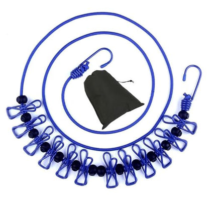 Retractable Clothesline with 12 Clips for Travel, Indoor & Outdoor Use（Blue） - color: Blue