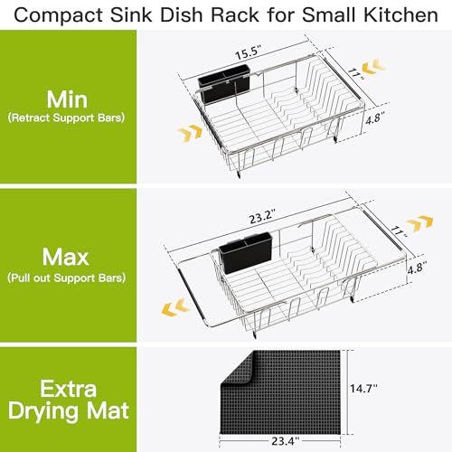 JASIWAY in Sink Dish Drying Rack with Mat, Cups and Utensil Holder - color: Silver, size: For 12"-30"w Sink, with Mat