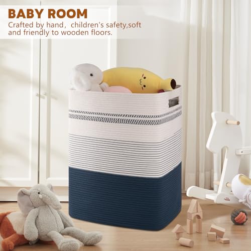 80L Large Cotton Rope Laundry Basket for Bedroom & Laundry Room, Tall Clothes Hamper with Sturdy Handles, Neutral Storage Bin Capable of Holding Blankets and Toys (Pack of 4) - color: Dark Blue& White, size: 80L (Pack of 4)