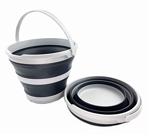 SAMMART 10L (2.6 Gallon) Collapsible Plastic Bucket - Foldable Round Tub - Portable Fishing Water Pail - Space Saving Outdoor Waterpot, Size 33cm Dia (Grey/Charcoal Black (Set of 2)) - color: Grey/Charcoal Black (Set of 2)