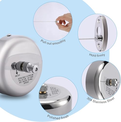 304 Stainless Steel Retractable Clothesline Indoor with 9.2FT Adjustable Nylon Rope, Wall Mounted Retractable Line String Clothes Line for Drying in Hotel, Bathroom, Laundry Outdoor Indoor