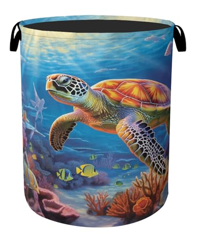 Sea Turtle Large Clothes Hamper Bag - Laundry Basket with Handles, Space Saving Foldable Design for Nursery - color: Sea Turtle