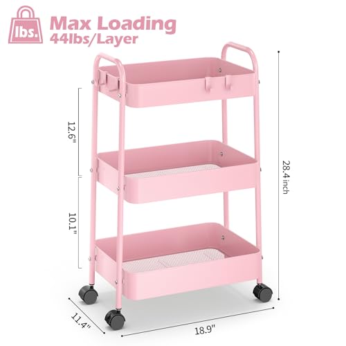TOOLF 3 Tier Rolling Cart, Metal Utility Storage Cart with Wheels, Pink | 4 Hooks, Lockable Wheels, Trolley Organizer for Bathroom, Kitchen, Office, Nursery, Dorm, Laundry Room