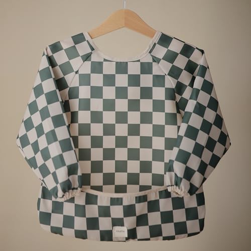 mushie Long Sleeve Baby Bib | Water Resistant Adjustable Fit - color: Olive Check