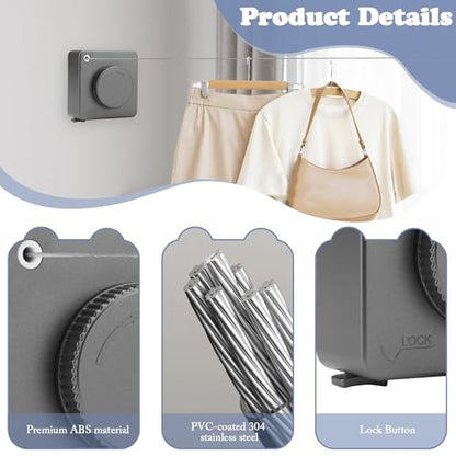 Huakaile 15.7 FT/4.8 M Stainless Steel Retractable Clothesline Indoor, Non-Sagging Retractable Clothesline Outdoor Heavy Duty Retracting Wall-Mounted Portable Drying Hanging Laundry RV (Gray) - color: Gray