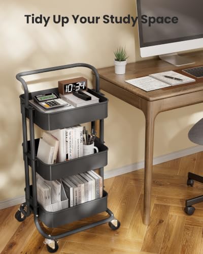 Pipishell Metal 3 Tier Rolling Cart with Handle & 2 Lockable Wheels, Gray - color: Gray, size: 3-Tier