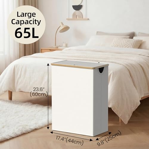 efluky Slim Laundry Basket with Lid, Narrow Laundry Hamper with Removable Bag, Skinny Dirty Clothes Basket with Bamboo Handles for Bathroom, Bedroom & Laundry Room, 65L Beige - color: Beige, size: 65L