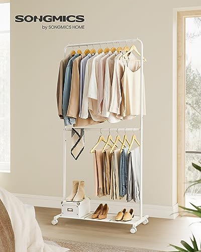SONGMICS Clothes Rack with Wheels, Metal Garment Rack, Mesh Storage Shelf - color: White, style: Middle Rod