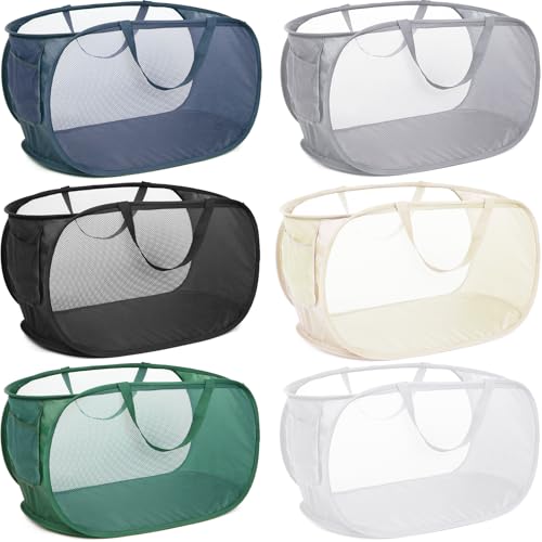 6 Pcs Durable Collapsible Laundry Baskets, Foldable Laundry Basket Large Opening, Pop Up Laundry Hamper with Pocket, Clothes Hamper with Handles for Laundry, Bathroom, Kids Room, Dorm or Trave - color: 6 x Gray+Black+Navy+Green+Beige+White