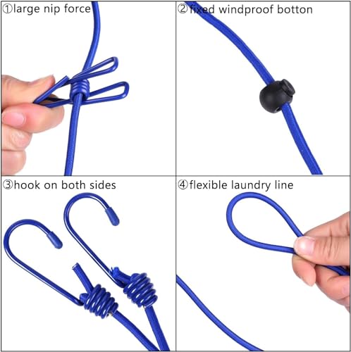 Retractable Clothesline with 12 Clips for Travel, Indoor & Outdoor Use（Blue） - color: Blue
