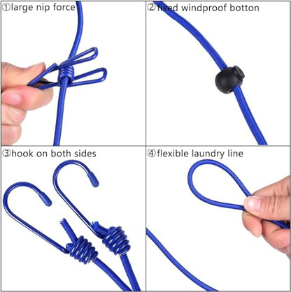 Retractable Clothesline with 12 Clips for Travel, Indoor & Outdoor Use（Blue） - color: Blue