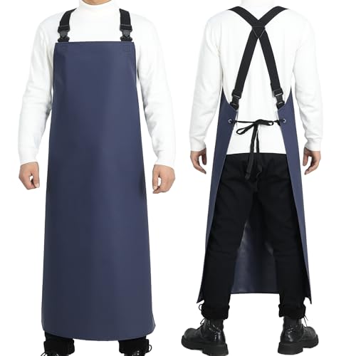 Heavy Duty Waterproof Apron,PVC, Adjustable Cross Strap,Chemical Resistant, for Butchering, Dishwashing, Food Factory - color: Dark Blue
