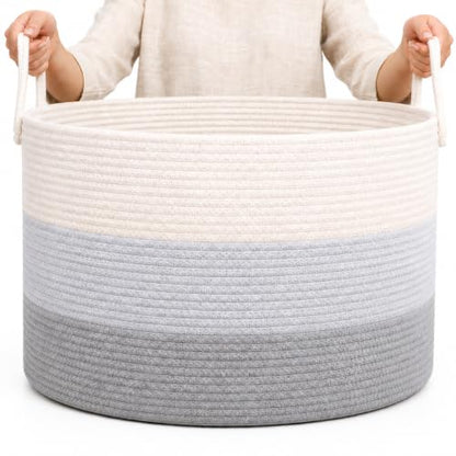 OrganiHaus Round Toy Basket & Blanket Basket, Cotton Rope 20x13" - color: 3-toned Gray, size: Wide