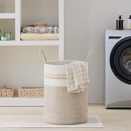 VIPOSCO 58L Tall Woven Laundry Basket Hamper, Brown White - color: Brown & White, size: 58L