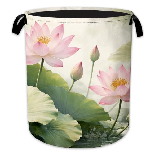 Lotus Flower Laundry Basket Oxford Cloth Lotus Flower Laundry Hamper With Handle Foldable Portable Clothes Storage Basket Storage Bag For Laundry Room/Bathroom/Bedroom/Dormitory 20.8"x16" - color: Lotus Flower