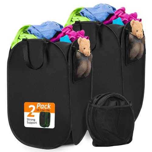 Upgraded Pop-up Laundry Hamper 2 Pack, 70L(18.5 Gal) Laundry Basket with Thickened 600D Oxford Fabric,2.4X Denser Mesh Side Pocket, 0.2mm Added Thickness Steel Frame, Easy to Open and Fold for Storage - color: Elegant Black, size: 2-Pack