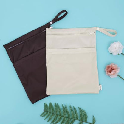 ALVA ALVABABY 2pcs Cloth Diaper Wet Dry Bags Waterproof Reusable with Two Zippered Pockets Travel Beach Pool Daycare Soiled Baby Items Yoga Gym Bag for Swimsuits or Wet Clothes 2LM05 - color: Dark brown and beige