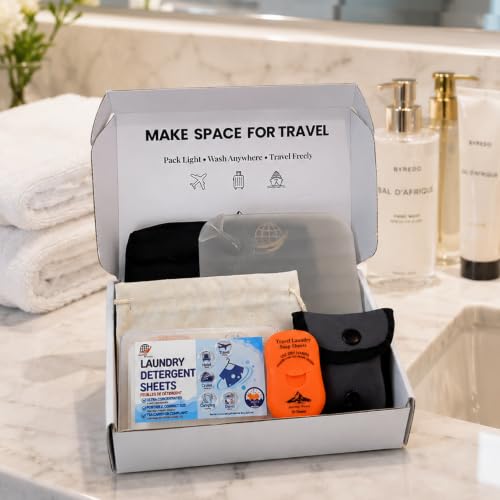 Travel Laundry Detergent Sheets Gift Set – Complete Travel Laundry Kit with Pocket Size Soap Sheets, Clothesline, Sink Stopper, Laundry Bag & Storage Pouch – Hotels, Cruises & Travel - style: Travel Laundry Kit 6-piece Gift Set