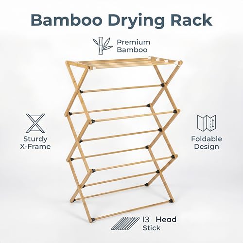 FJO Foldable Bamboo Clothes Drying Rack, 3-Tier Collapsible Laundry Clothes Hanger, Portable Wooden Drying Rack, Space Saving Indoor Outdoor, 28'' D x 15'' W x 39.3'' H, Beige