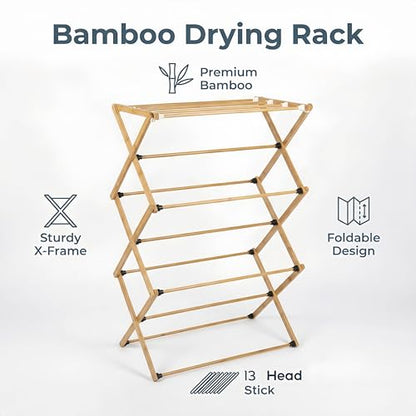 FJO Foldable Bamboo Clothes Drying Rack, 3-Tier Collapsible Laundry Clothes Hanger, Portable Wooden Drying Rack, Space Saving Indoor Outdoor, 28'' D x 15'' W x 39.3'' H, Beige