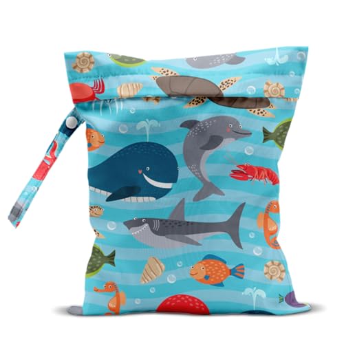 Wet Bag, Wet Dry Bag, Waterproof Swim Bags, Machine Washable Reusable Bags for Beach, Pool, Diapers, and Dirty Yoga Gym Clothes(Large Ocean Animals Cartoon Print - color: Light Blue Ocean Adventure