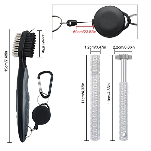 VIPMOON Golf Club Cleaner Kit, 2 Pcs Groove Sharpener Regrooving Tool and 1 Pcs Retractable Club Cleaner Brush, Portable Groove Sharpener Tool for All Golf Irons for Men - color: Silver