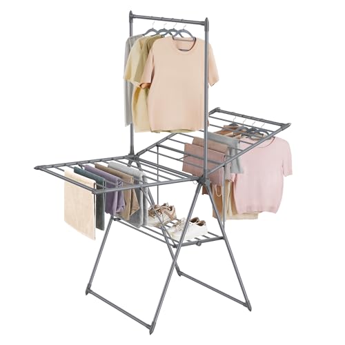 SONGMICS HOME Clothes Drying Rack, Foldable 2-Level Free-Standing Airer - color: Gray, size: 26 x 62.6 x 78 Inches