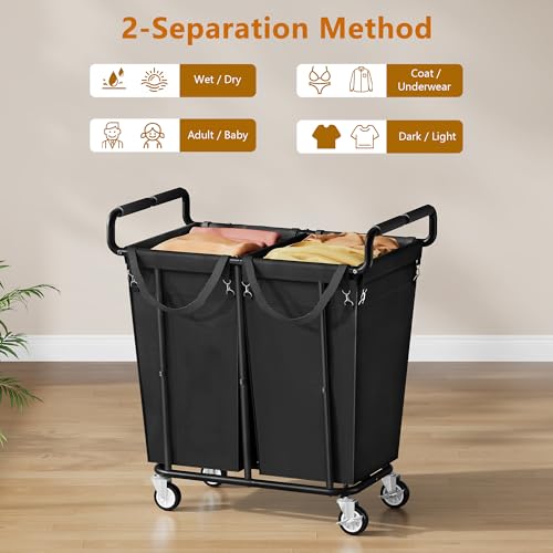 Gewudraw 2 Bag Laundry Hamper with Wheels Medium Size, 250L, Black - color: Black, size: 2-Section-250L