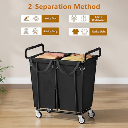 Gewudraw 2 Bag Laundry Hamper with Wheels Medium Size, 250L, Black - color: Black, size: 2-Section-250L