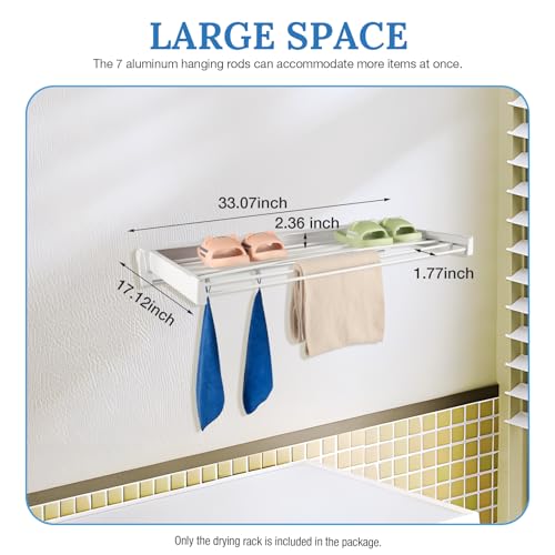 Wall Mounted Clothes Drying Rack with 7 Rods, Laundry Drying Rack Collapsible Aluminum Rods, Drying Rack Clothing for Indoor Outdoor Hanging Clothes (White, 33.07'')