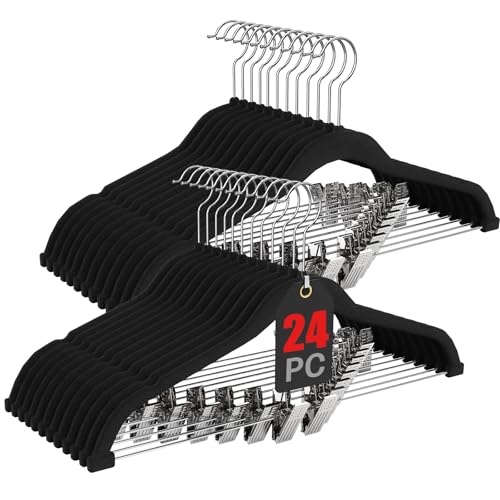Korpai 24-Pack Black Velvet Hangers with Clips Adjustable,Outfit Hangers,Heavy-Duty,Non-Slip,Space Saving, Felt Hanger for Pants, Skirts, Suits,Coats, Dresses ect. - color: Black