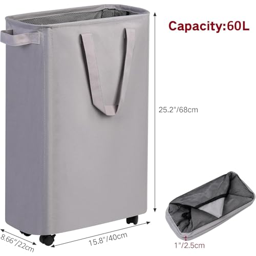 efluky Slim Laundry Hamper with Wheels, Rolling Laundry Basket for Clothes, Small Laundry Basket for Bedroom, Dorm and Laundry Room, 60L (12.7 Gallons) Grey - color: Grey, size: 60L